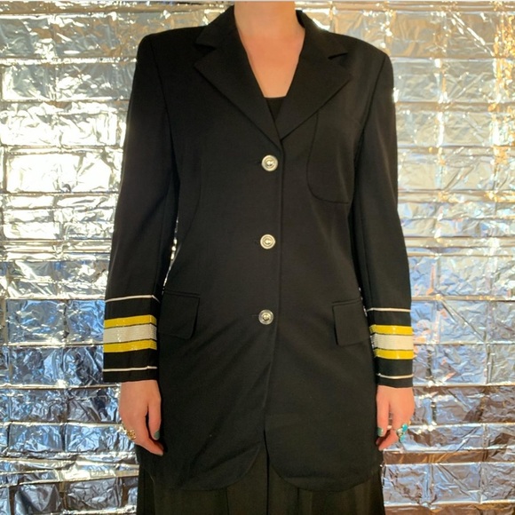 Escada by Margaretha Ley Vintage 80s Nautical Wool Blazer sequin cuffs Black - Picture 9 of 11